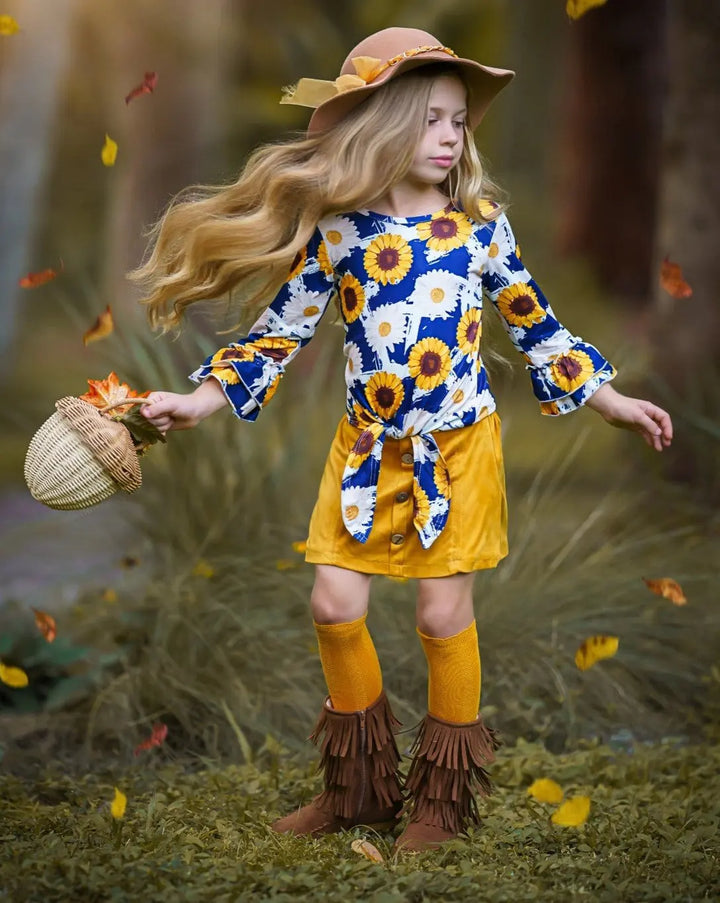 Girls Fall Set | Sunflower Knot Hem Top & Skirt Set | Girls Boutique