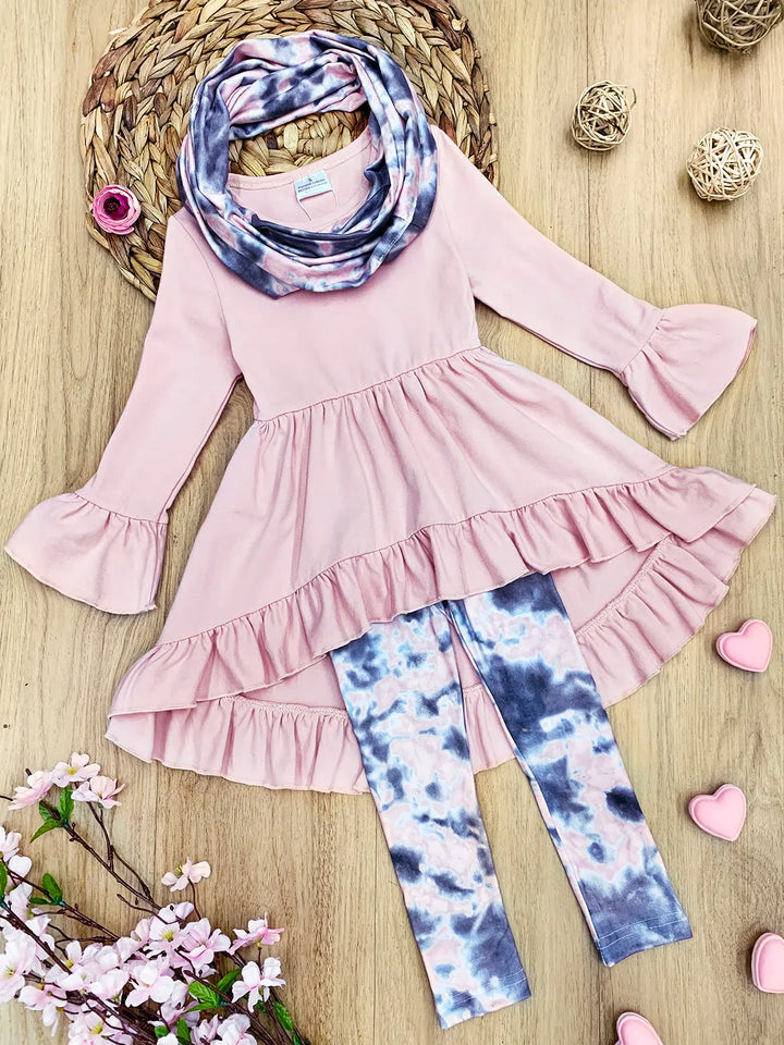 Girls Hi-Lo Ruffled Tunic, Tie Dye Leggings and Scarf Set Mia Belle Girls