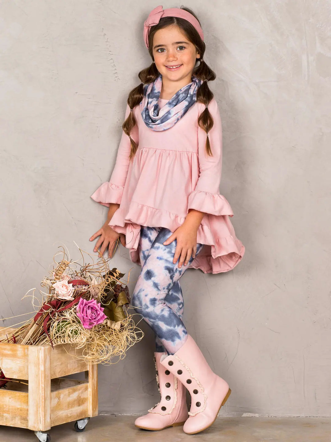 Girls Hi-Lo Ruffled Tunic, Tie Dye Leggings and Scarf Set Mia Belle Girls