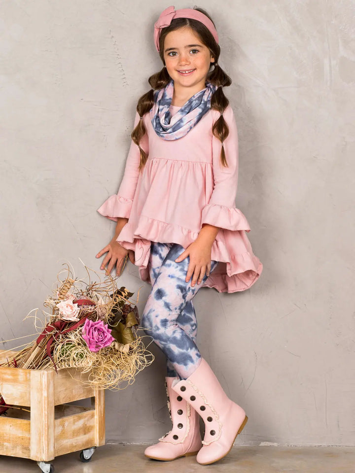 Girls Hi-Lo Ruffled Tunic, Tie Dye Leggings and Scarf Set Mia Belle Girls