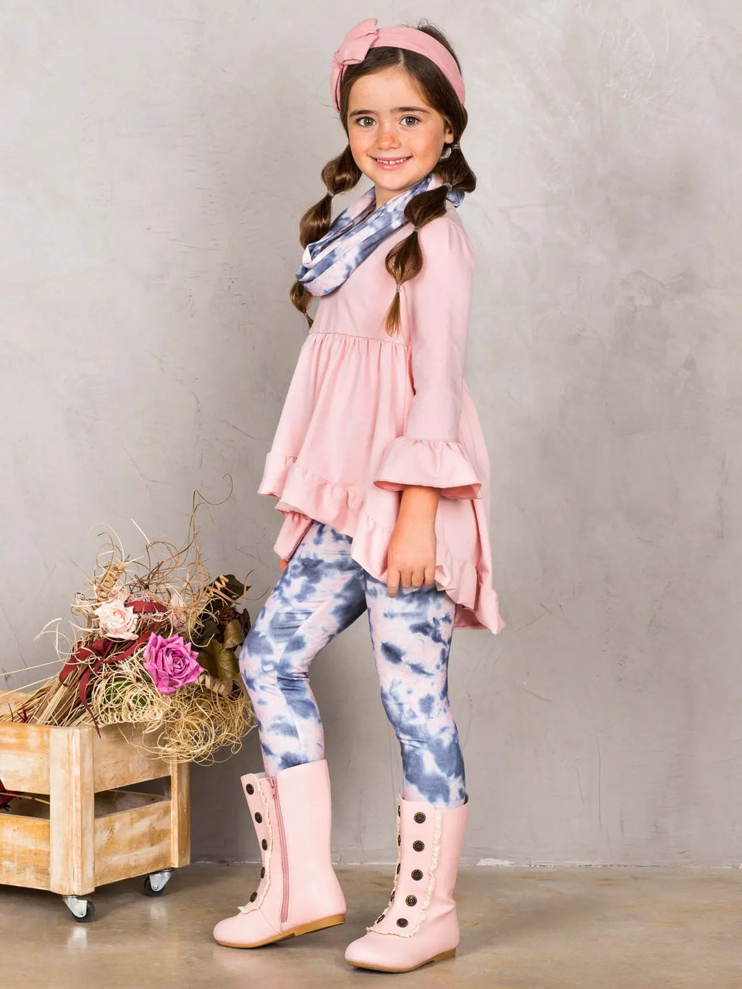 Girls Hi-Lo Ruffled Tunic, Tie Dye Leggings and Scarf Set Mia Belle Girls