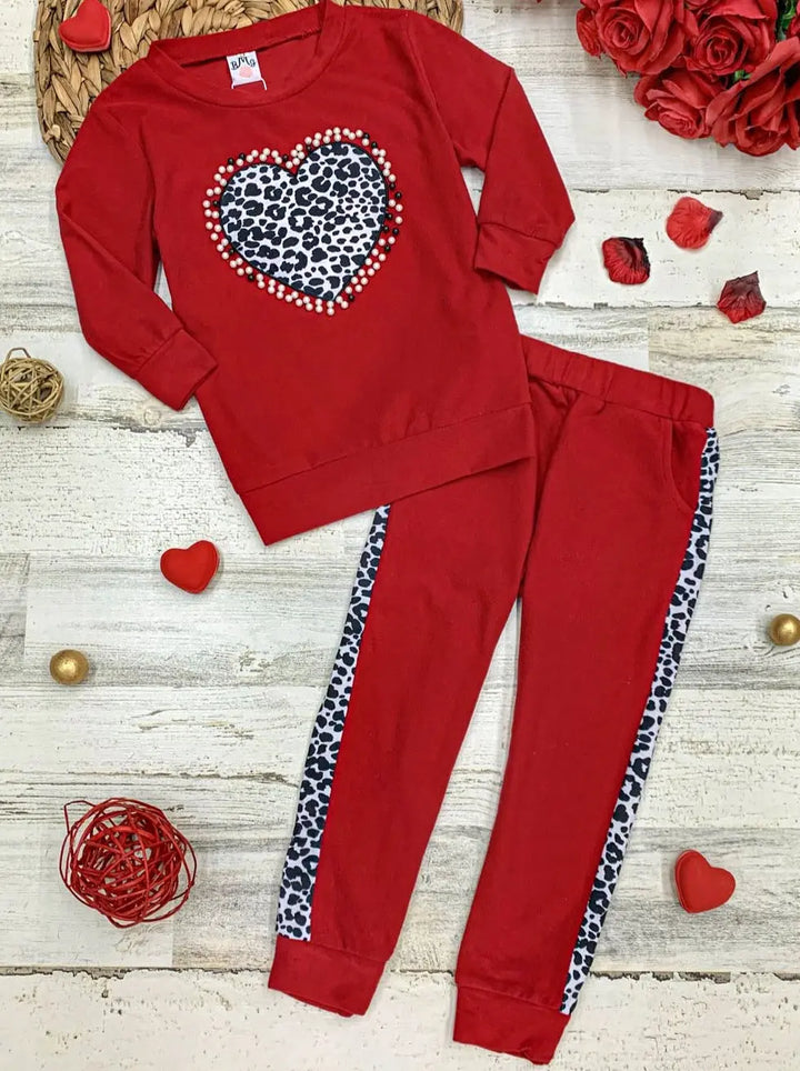 Girls Leopard Heart Applique Sweatshirt and Jogger Set Mia Belle Girls