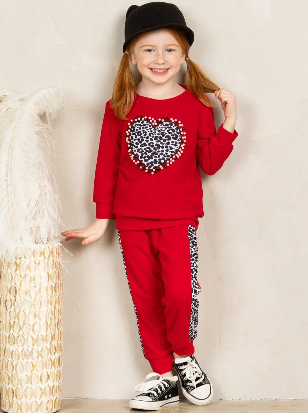 Girls Leopard Heart Applique Sweatshirt and Jogger Set Mia Belle Girls