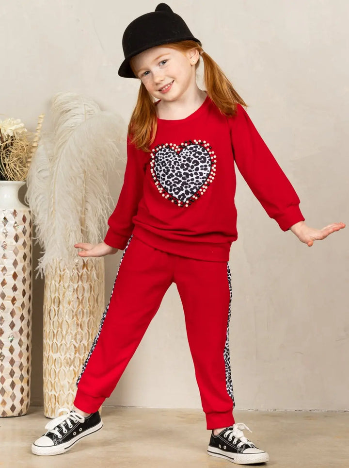 Girls Leopard Heart Applique Sweatshirt and Jogger Set Mia Belle Girls