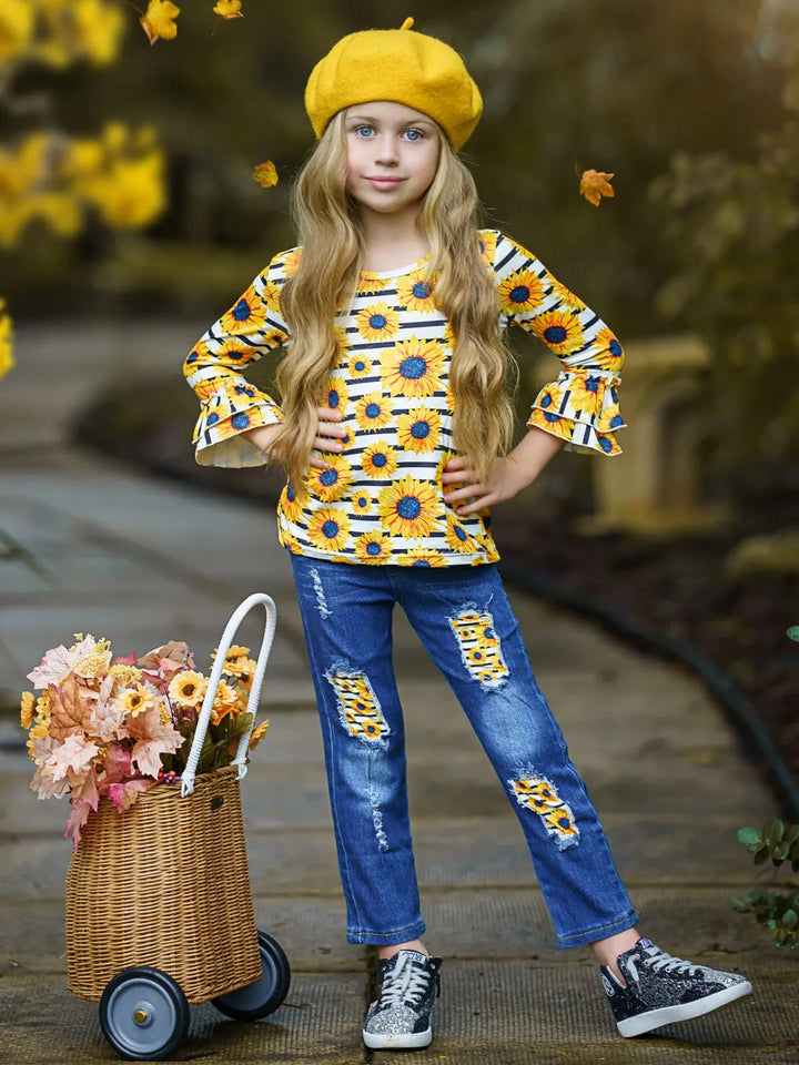 Girls Fall Outfits | Ruffle Top & Patched Jeans Set - Mia Belle Girls