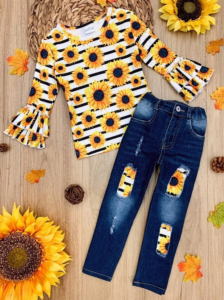 Girls Fall Outfits | Ruffle Top & Patched Jeans Set - Mia Belle Girls