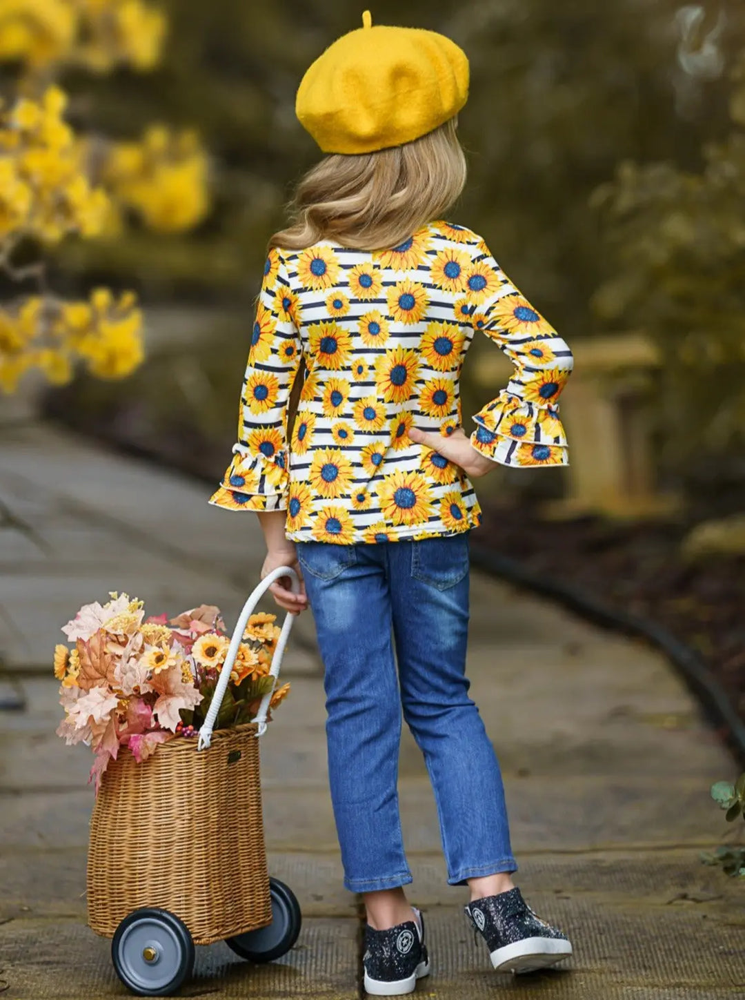 Girls Fall Outfits | Ruffle Top & Patched Jeans Set - Mia Belle Girls