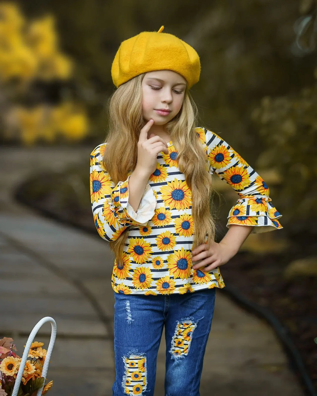 Girls Fall Outfits | Ruffle Top & Patched Jeans Set - Mia Belle Girls