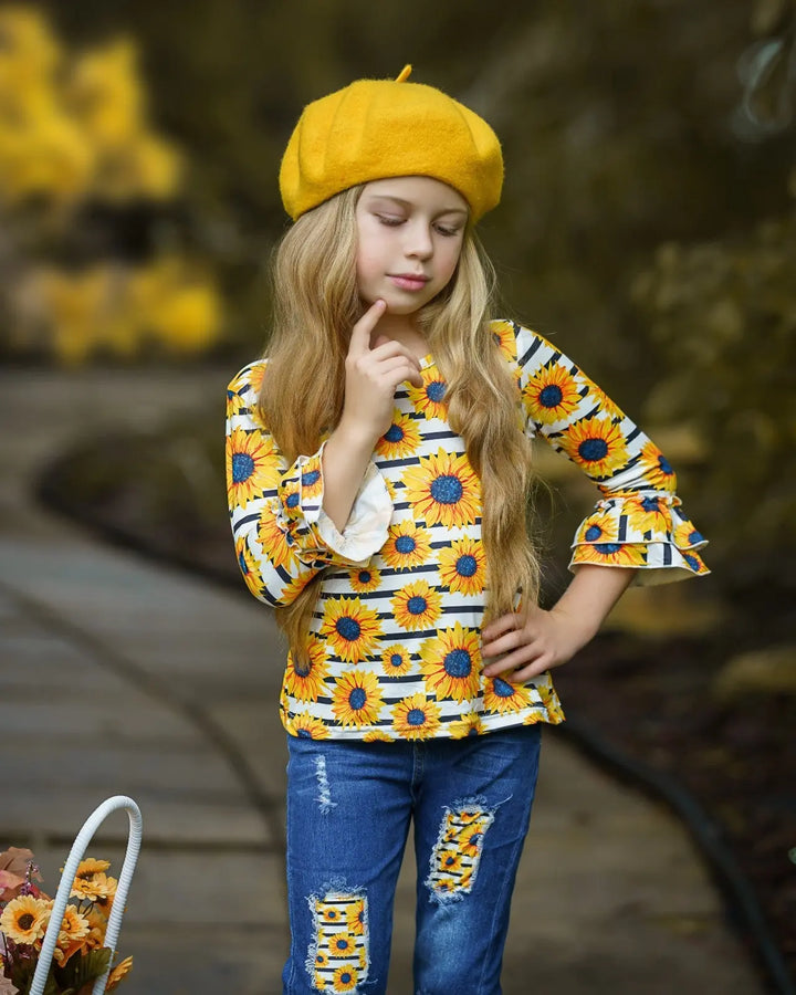 Girls Fall Outfits | Ruffle Top & Patched Jeans Set - Mia Belle Girls