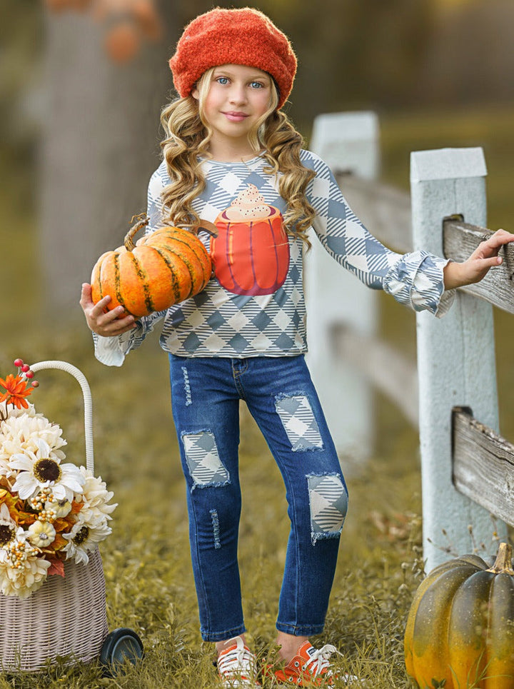 Girls Fall Outfits | Pumpkin Top & Patched Jeans Set - Mia Belle Girls