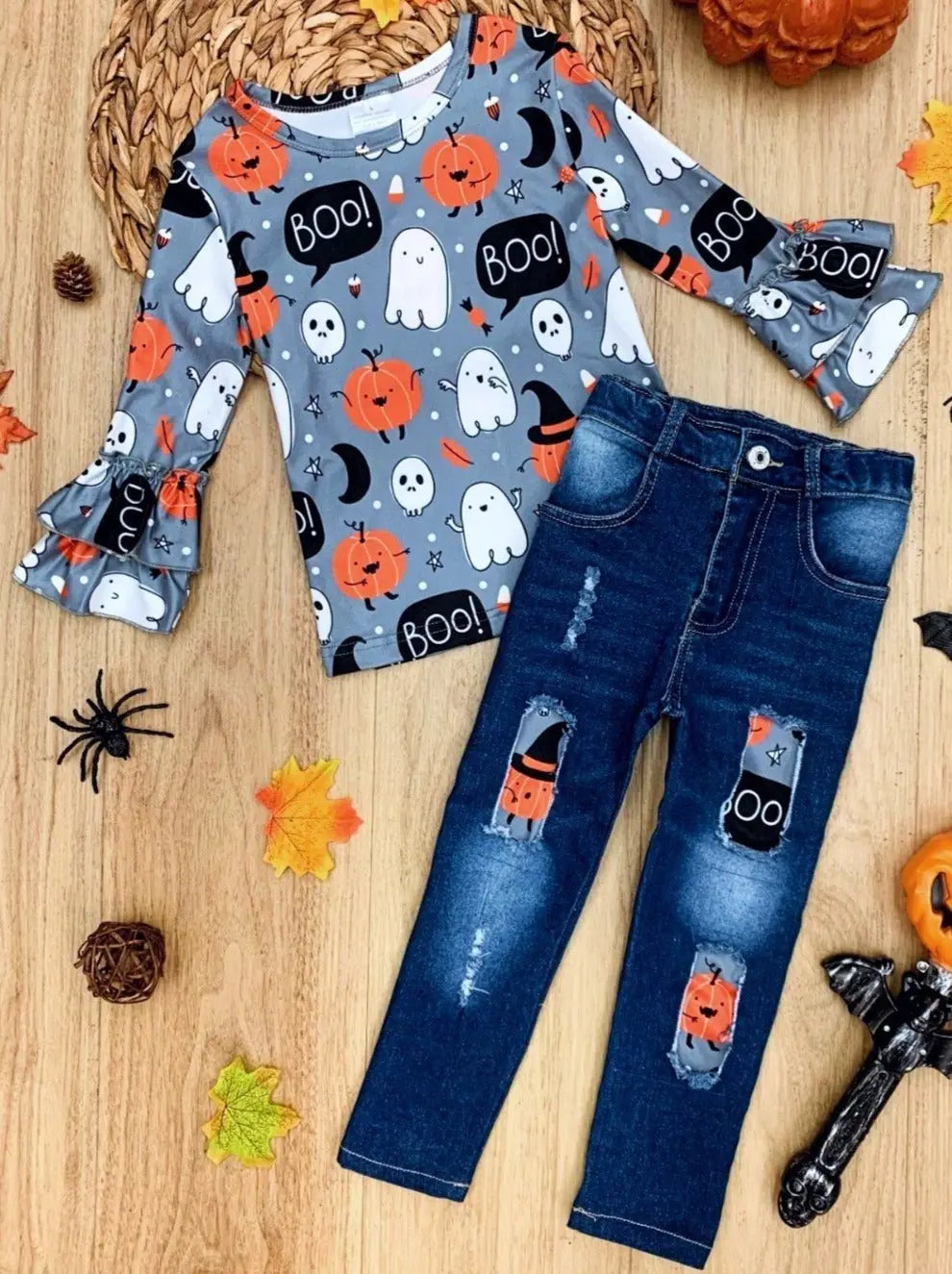 Girls Halloween Outfits | Top & Patched Jeans Set - Mia Belle Girls