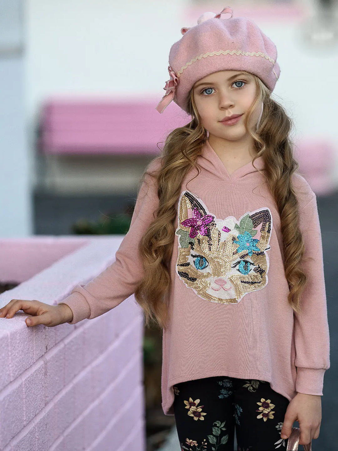 Girls Hi-Lo Sequin Cat Applique Hooded Sweatshirt And Floral Legging Set Mia Belle Girls