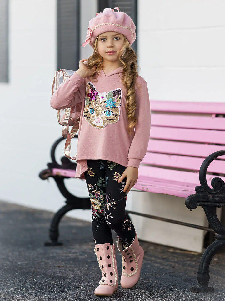 Girls Hi-Lo Sequin Cat Applique Hooded Sweatshirt And Floral Legging Set Mia Belle Girls