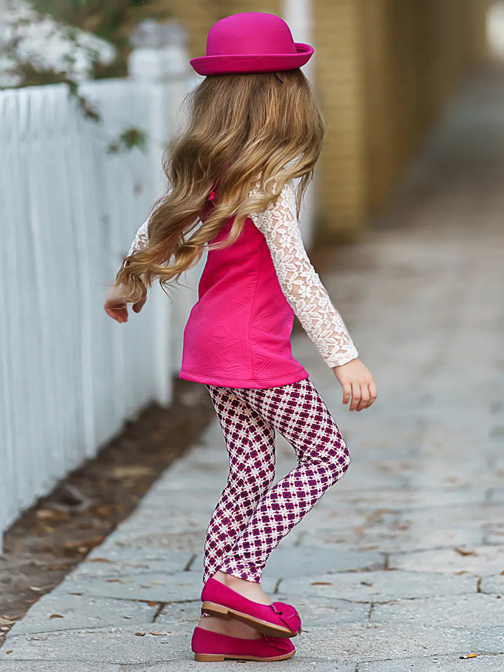 Girls Lace Long Raglan Sleeve Trimmed Tunic And Legging Set Mia Belle Girls