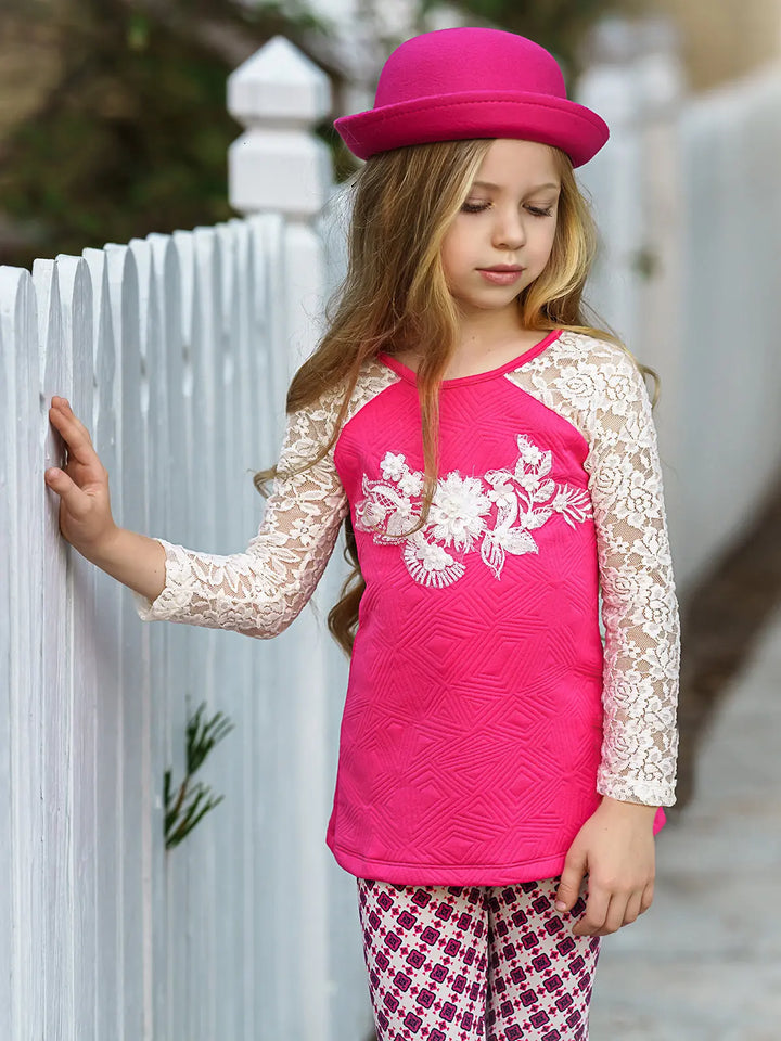 Girls Lace Long Raglan Sleeve Trimmed Tunic And Legging Set Mia Belle Girls