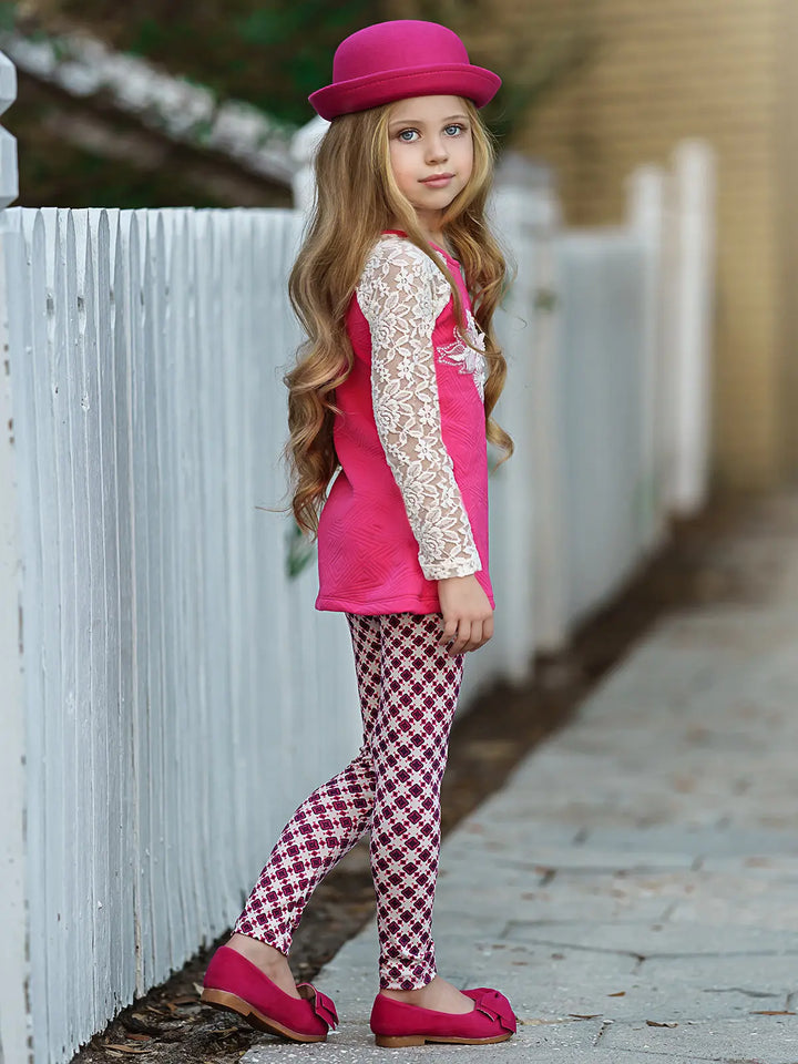 Girls Lace Long Raglan Sleeve Trimmed Tunic And Legging Set Mia Belle Girls