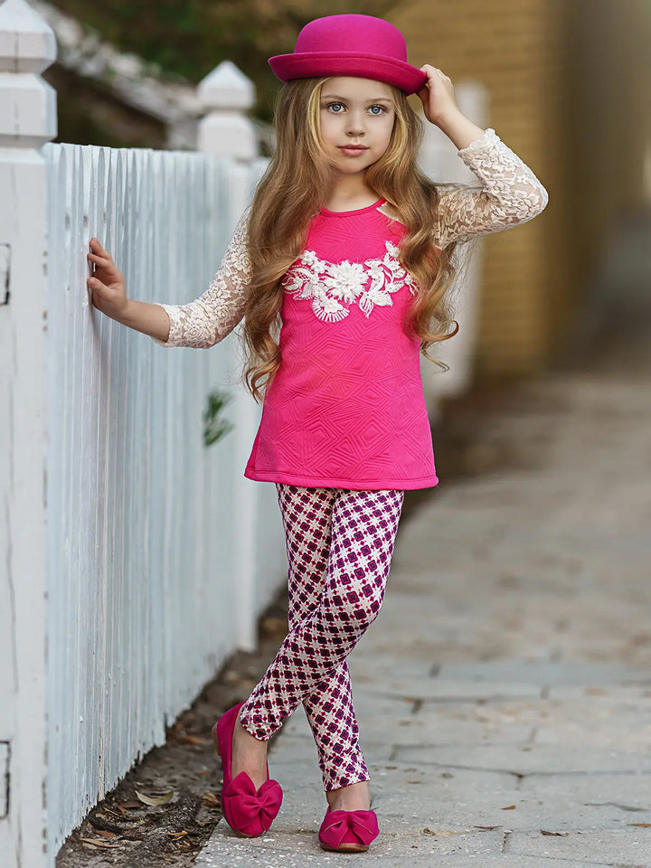 Girls Lace Long Raglan Sleeve Trimmed Tunic And Legging Set Mia Belle Girls