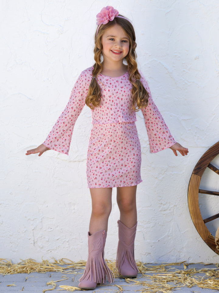 Blossom Beauty Bell Sleeve Top and Ribbed Skirt Set