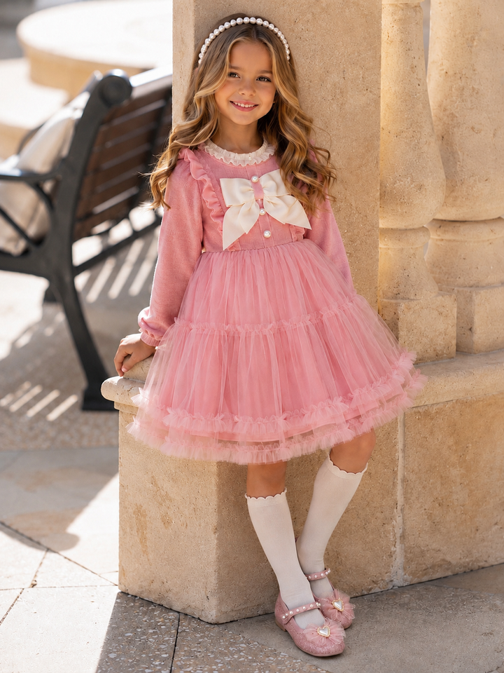 Girls Elegant Fluffy Mesh Dress with Ruffles and Bow Accents Pink / 5Y