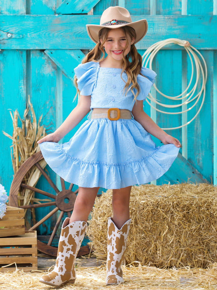 Sky Blue Ruffle Sleeve Belted Skirt Set