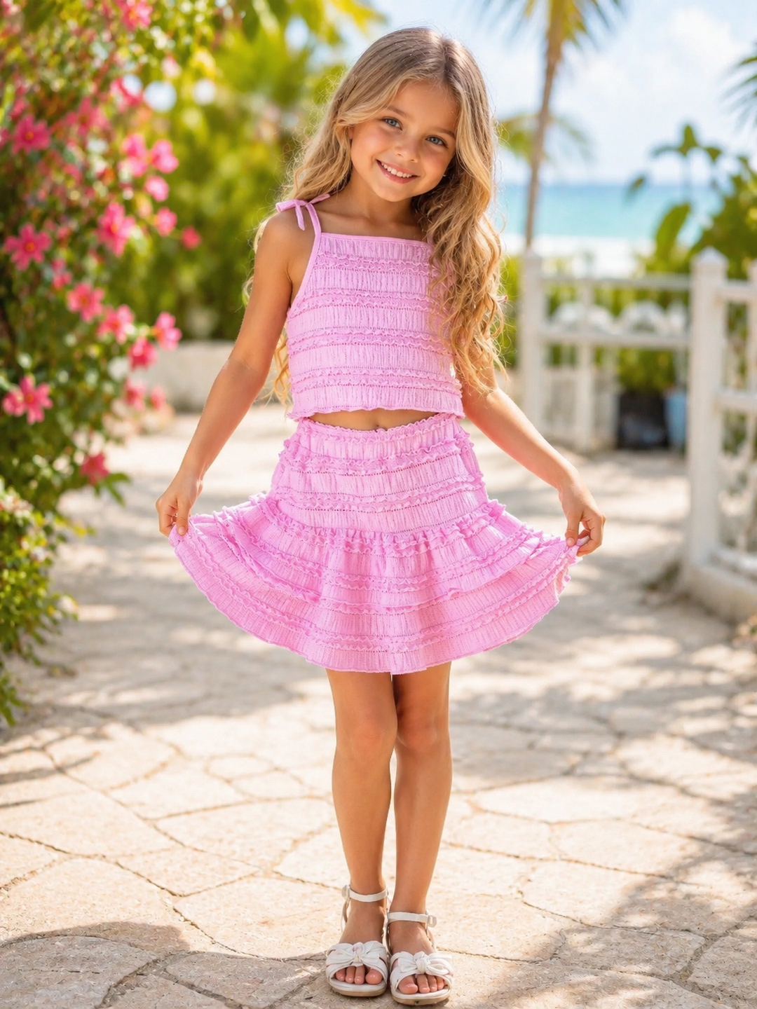 Rosy Ruffle Tie Top and Tiered Skirt Beach Set