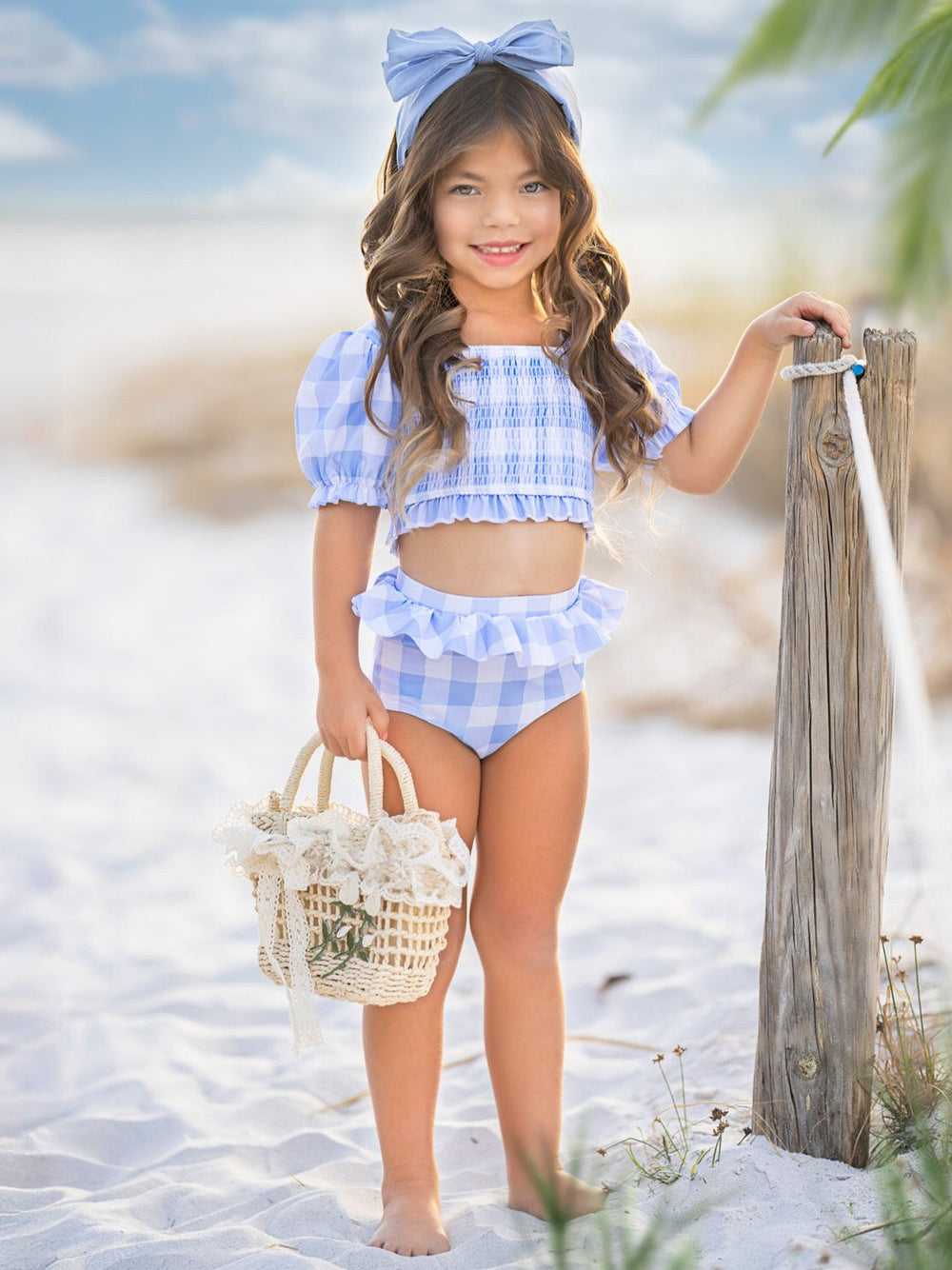 Blue Gingham Smocked Puff Sleeve Two-Piece Swimsuit