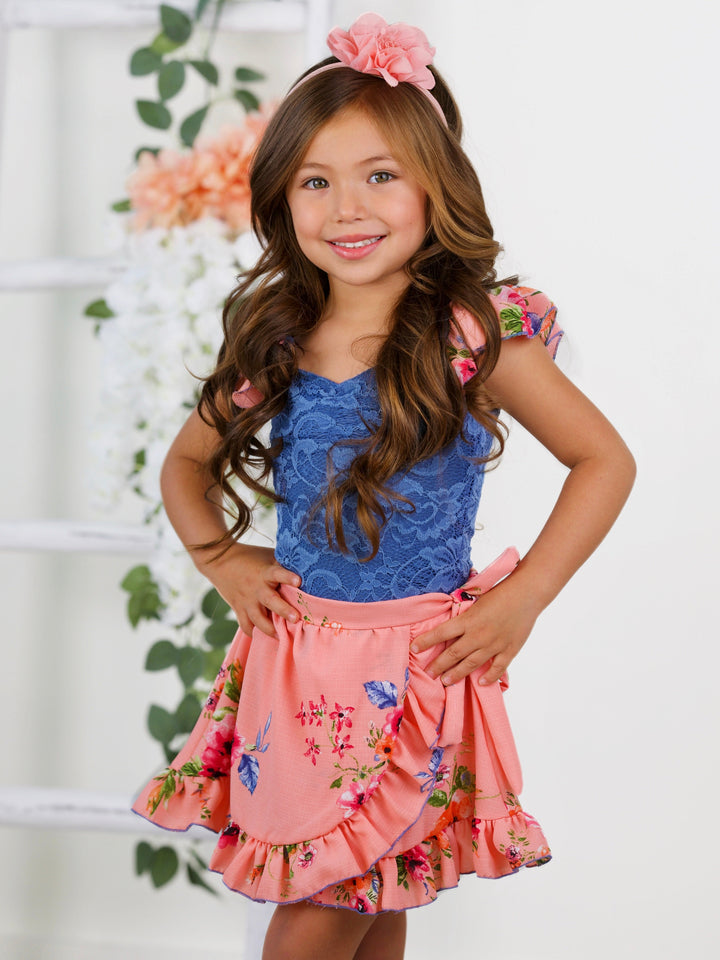 Boho Bloom Lace Top and Floral Ruffle Skort Set