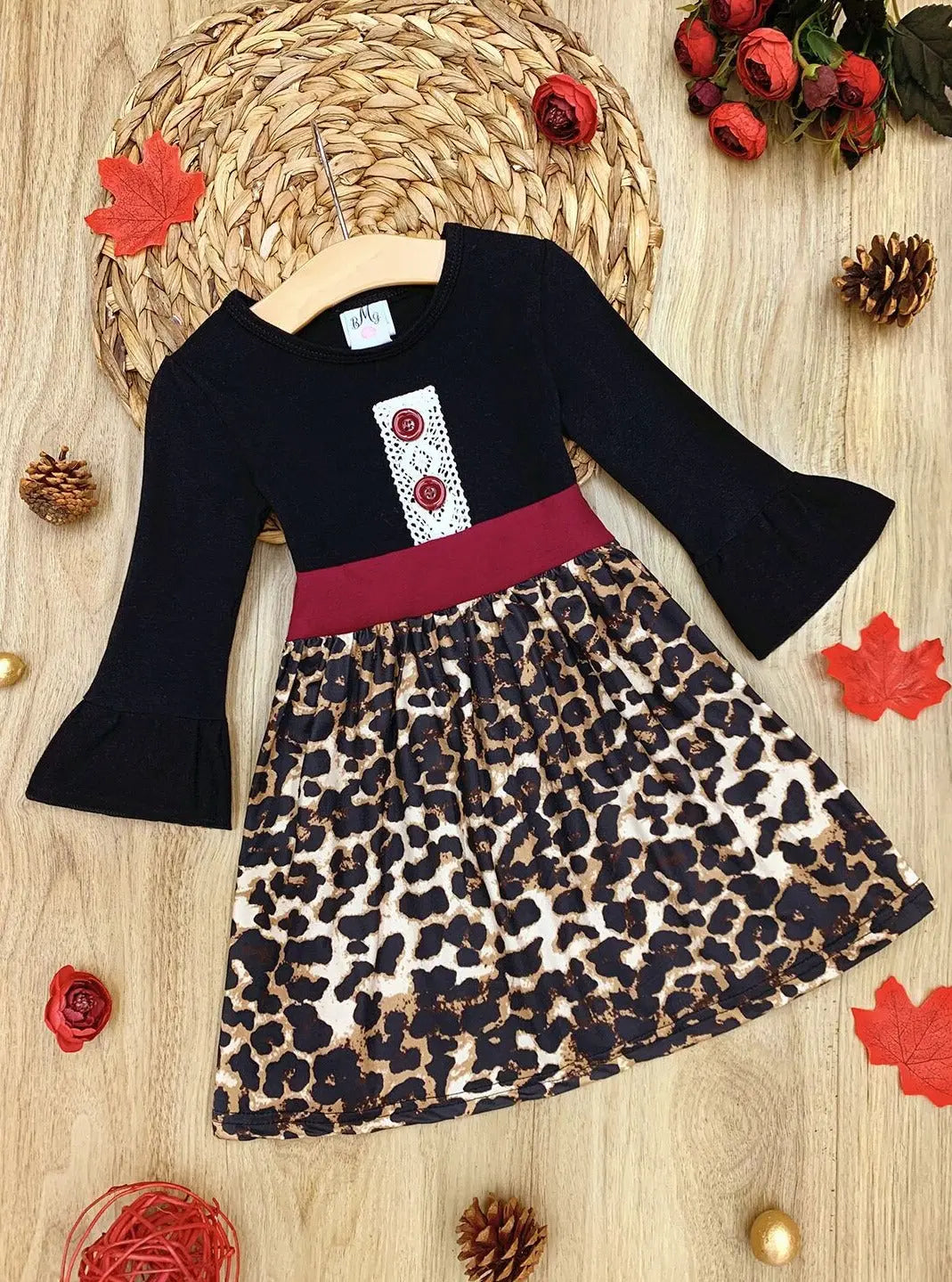 Girls Faux Buttoned Crochet Animal Print Long Ruffled Sleeve Dress Mia Belle Girls