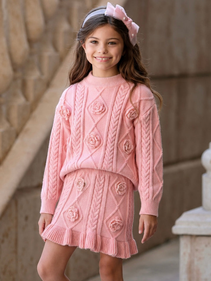 Rosette Matching Cable Knit Sweater and Skirt Set
