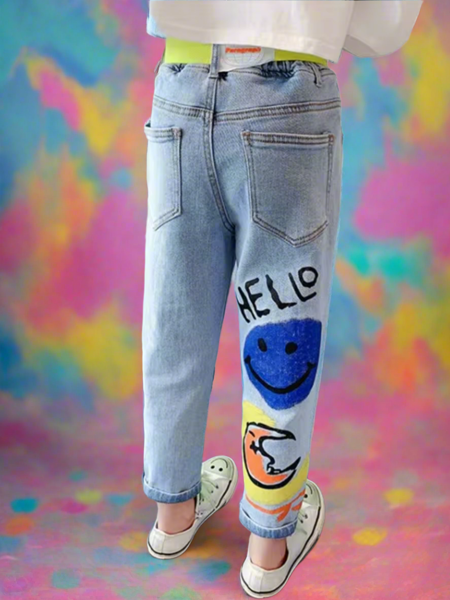 Girls Trendy Graffiti Smiley Rainbow Jeans Mia Belle Girls