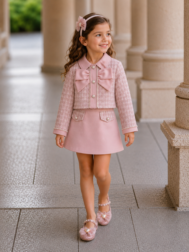 Elegant Pearl Trim Pink Jacket & Skirt Set