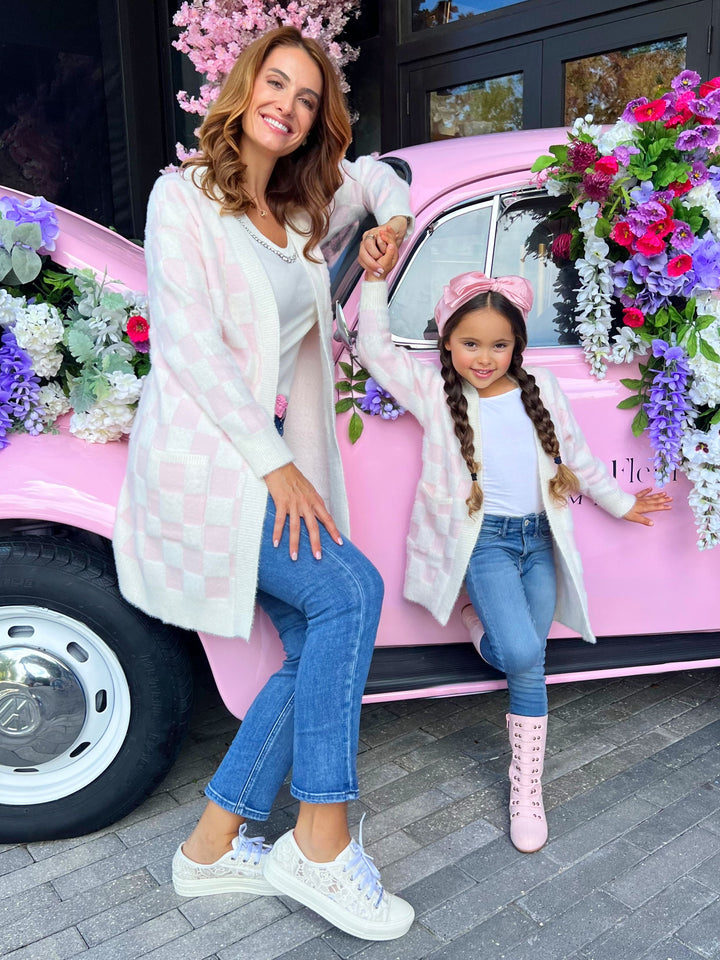 Mommy and Me Checkered Charm Pink Cardigan Mia Belle Girls