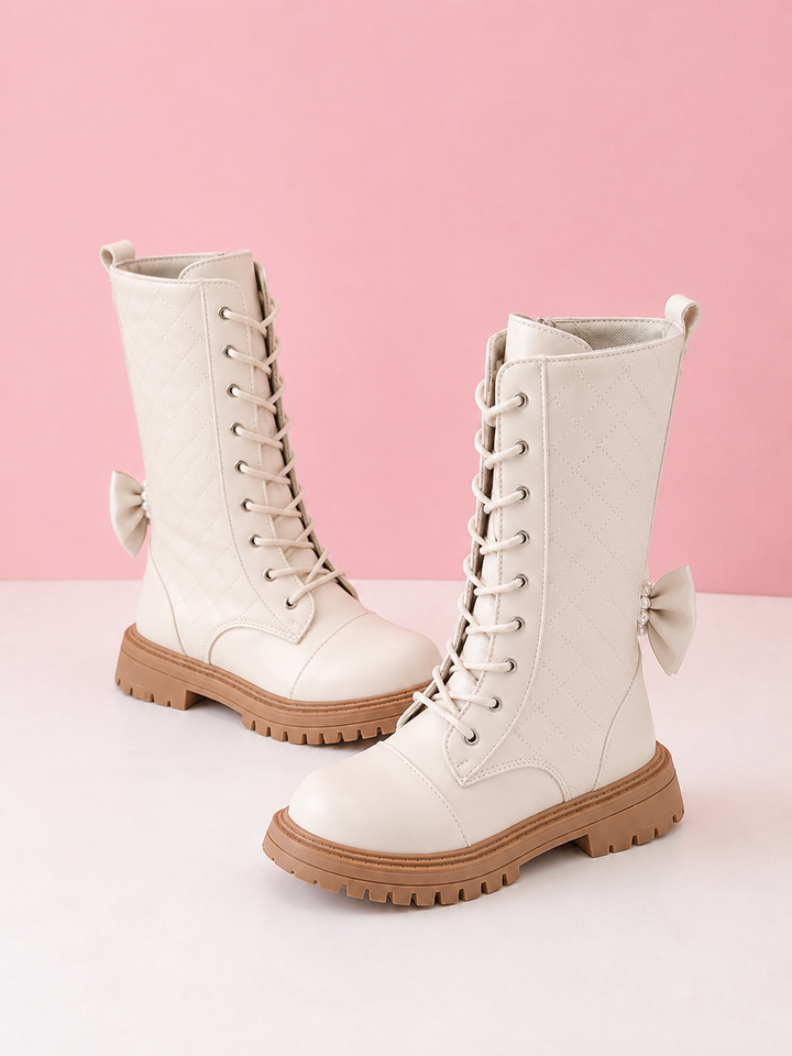 Pretty Pearl Bow Ivory Quilted Lace-Up Boots