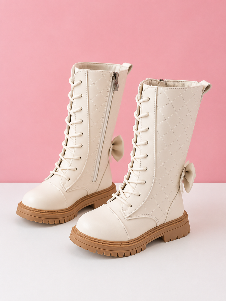 Pretty Pearl Bow Ivory Quilted Lace-Up Boots
