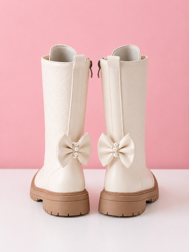 Pretty Pearl Bow Ivory Quilted Lace-Up Boots