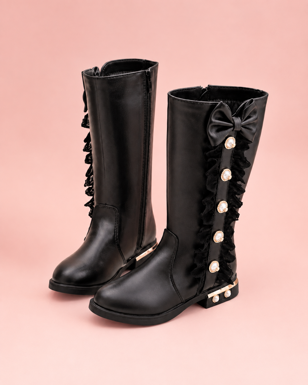 Black Pearl & Lace Bow Boots