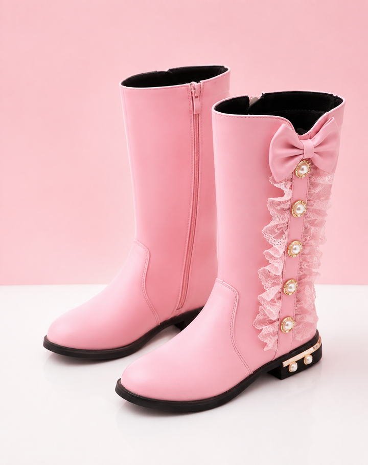 Pretty in Pink Pearl & Lace Bow Boots