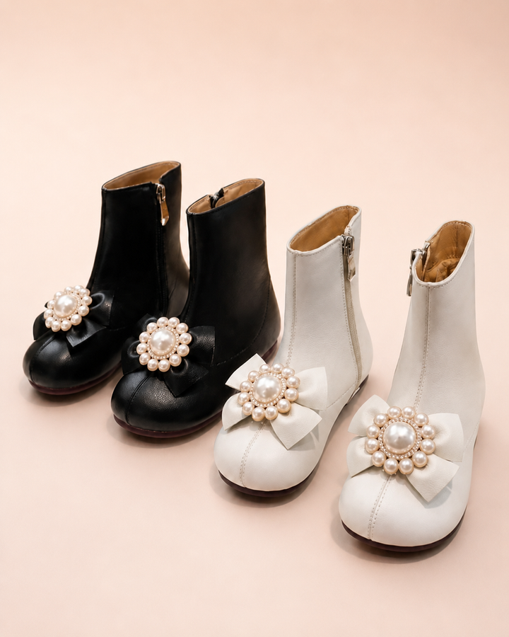Catwalk Elegance Pearl Bow Ankle Boots By Liv and Mia