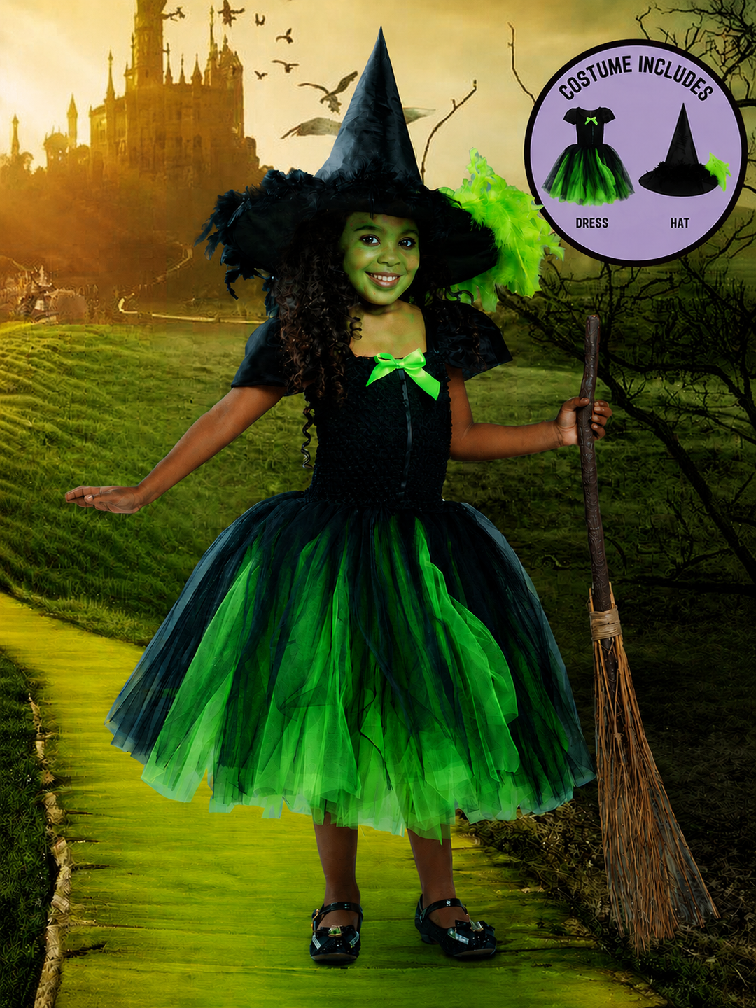Emerald Green Witch Costume Dress with Hat Black / 3T