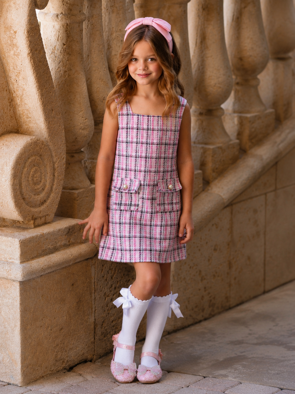 Girls pink tweed shift dress perfect for holidays, church, birthdays, weddings, and family photos.