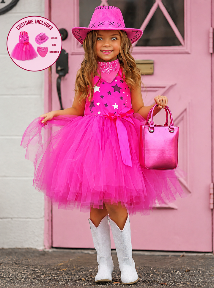 Girls Pink Cowboy Barbiecore Tutu 3-Piece Costume Set