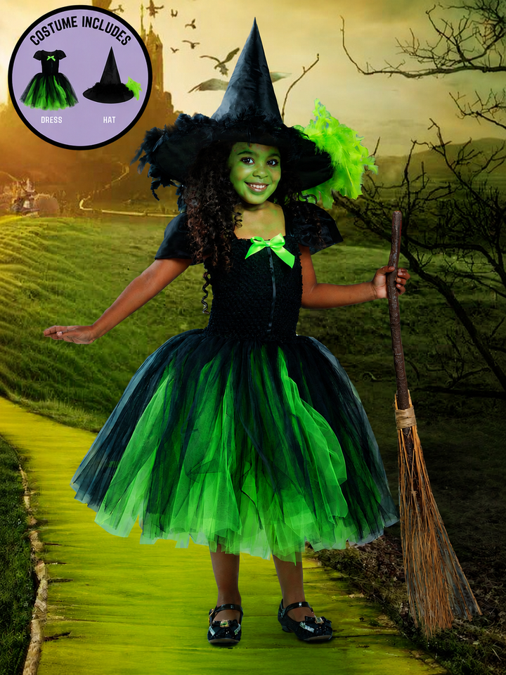 Girls Wicked Green Witch Costume Dress with Hat