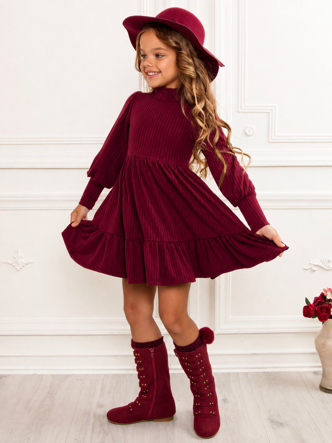 Snuggle & Twirl Burgundy Ribbed Mockneck Dress Burgundy / 4/5