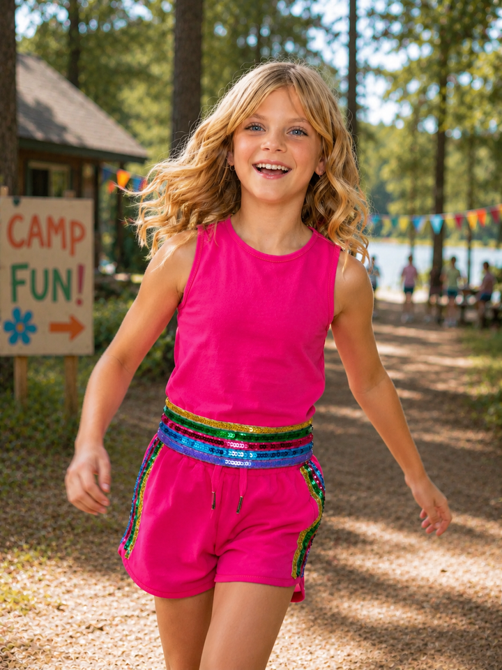 Neon Glow Sequin Active Tank and Short Set