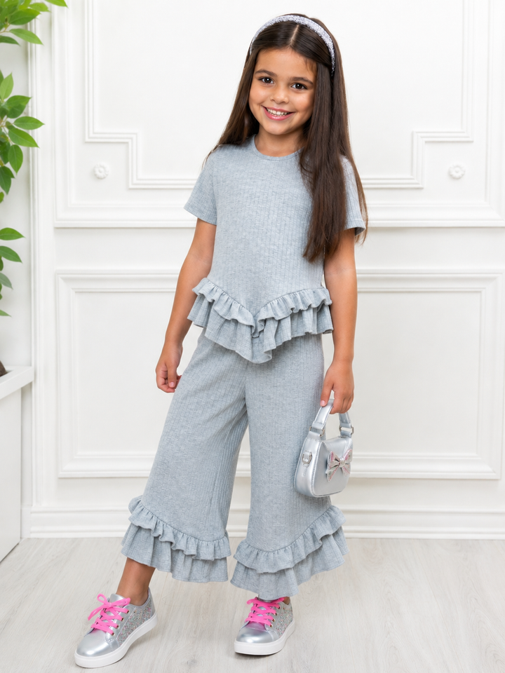 Simply Sweet Ribbed Top and Matching Ruffle Pant Set
