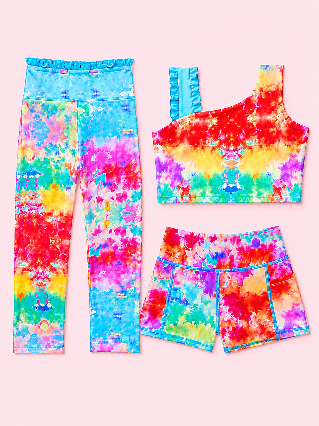 Sunburst Tie-Dye Top, Shorts, & Leggings 3-Piece Active Set
