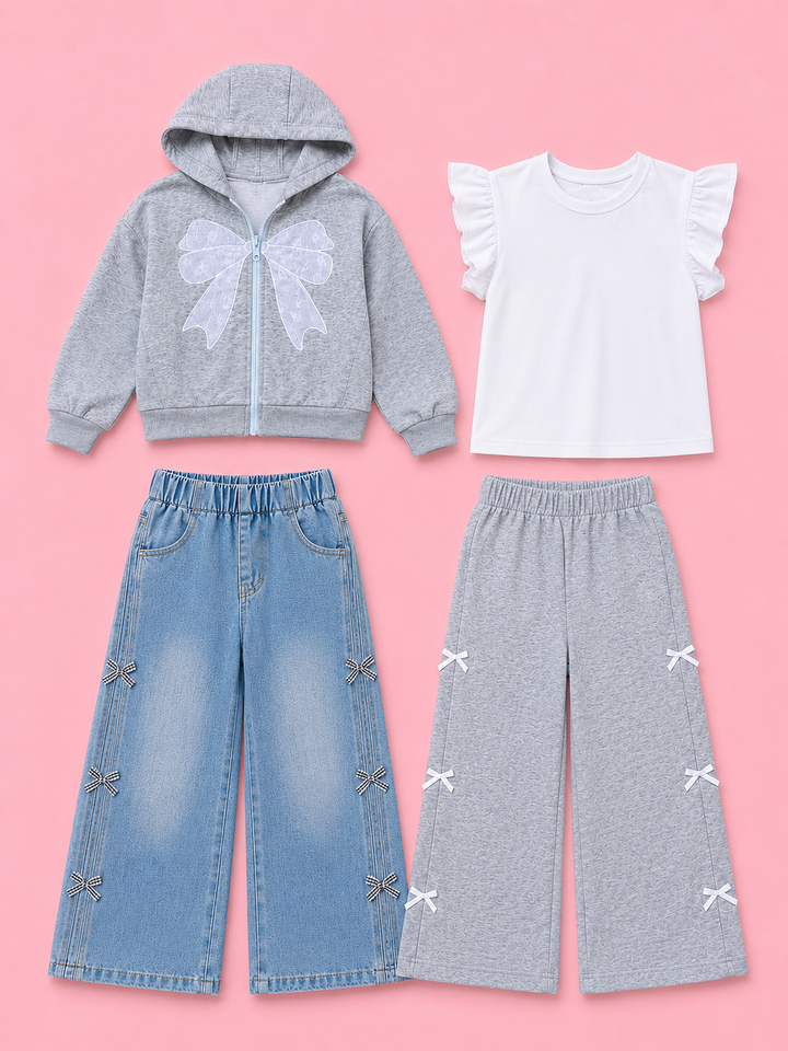 Girls 4 piece clothing bundle featuring bow hoodie and flutter sleeve top