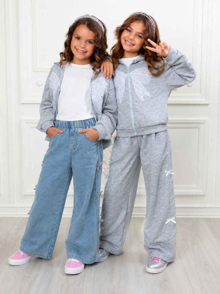 Girls mix and match bow outfit bundle with hoodie top joggers and denim jeans