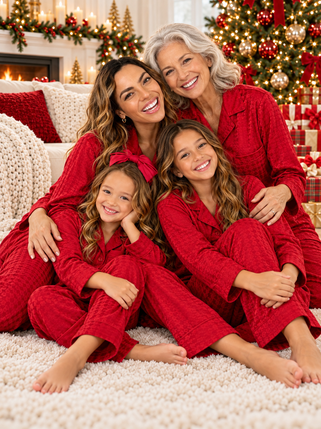 Family Matching Red Houndstooth Silky 2-Piece Christmas Pajama Set