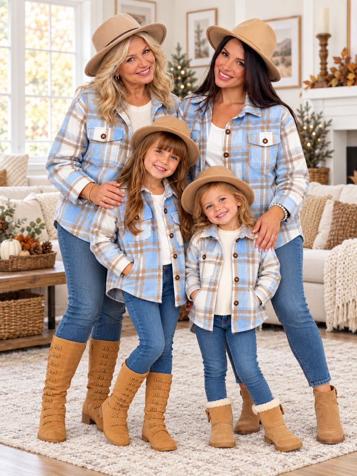 Family Matching Blue & Tan Plaid Button-Down Shacket